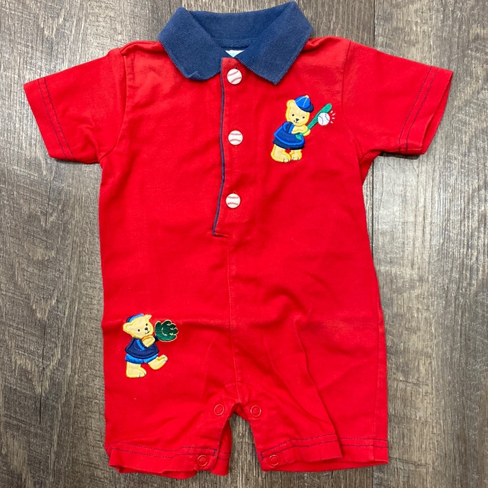 CC Baby one piece, short, set w/ baseball buttons and snaps beneath size 0-3 mos